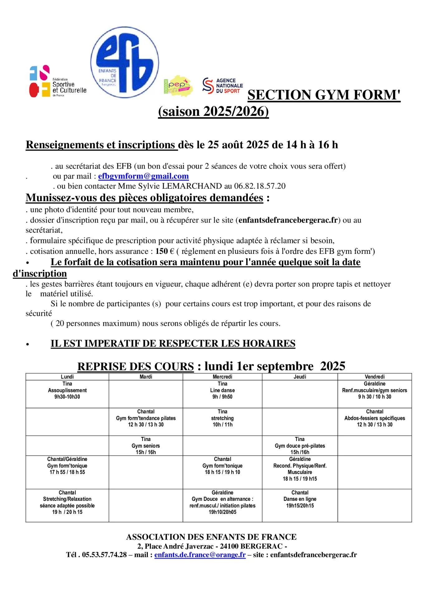 Planning et infos gym form 2025 2026